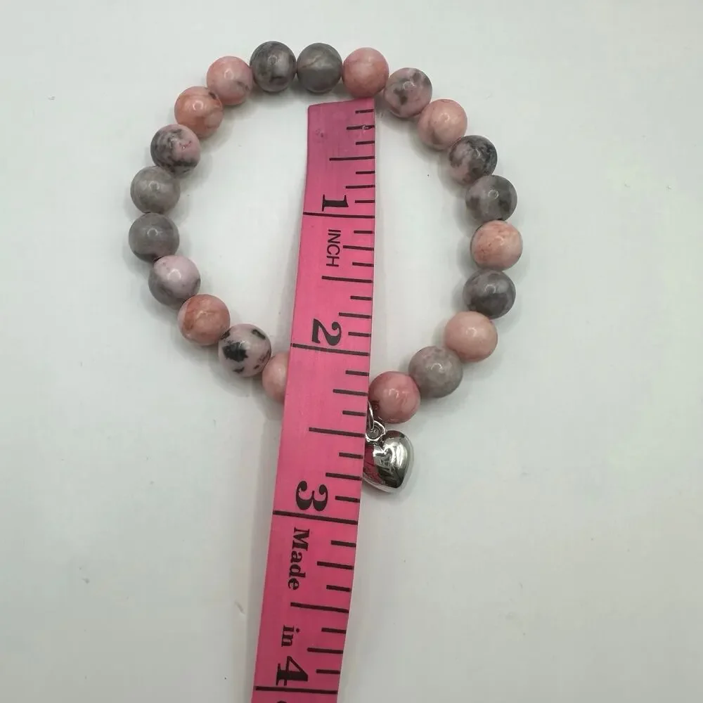 Unbranded Pink Gray Round Bead Ball Stretch Bracelet Silver tone Heart Charm